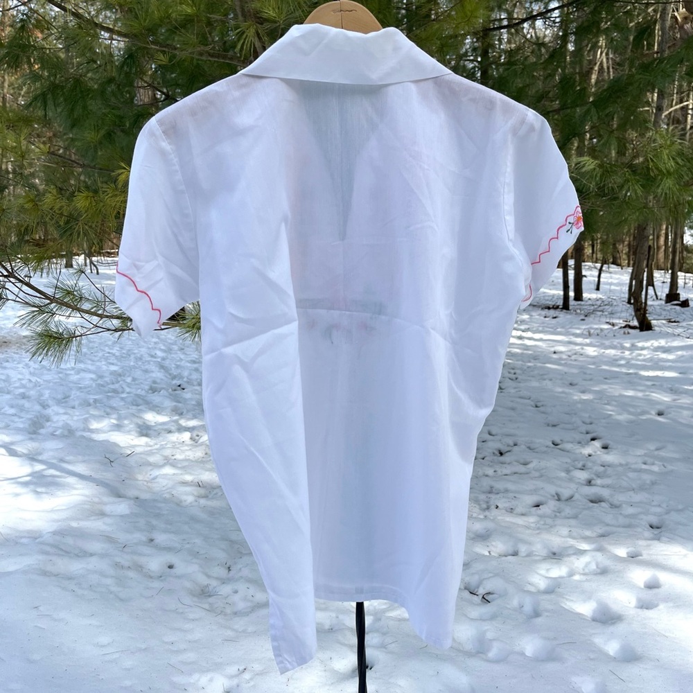 70s Embroidered Peasant Blouse White Pink Floral Cottagecore Boho - Picture 14 of 16